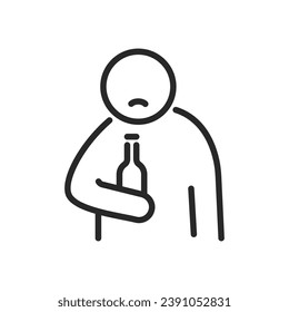 Alcoholism Icon. Vector Outline Editable Isolated Sign of a Dejected Person Embracing a Bottle of Alcohol, Symbolizing the Struggle with Addiction and the Need for Help and Recovery.