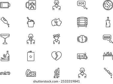 Alcoholism icons collection is a vector illustration with editable stroke.