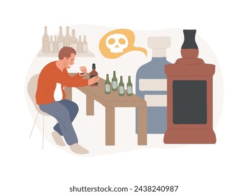 Alcoholism isolated concept vector illustration. Alcohol use disorder, drinking problem control, addiction, sitting at bar, empty vodka bottles, drunk man, liquor store vector concept.