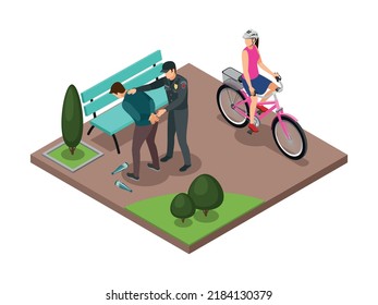 Alcoholism isometric composition with female cyclist looking at policeman arresting drunk man in park 3d vector illustration