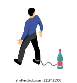 Alcoholism isometric concept with addicted to drinking man chained to bottle 3d vector illustration
