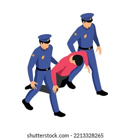 Alcoholism isometric icon with two policemen carrying drunk man 3d vector illustration