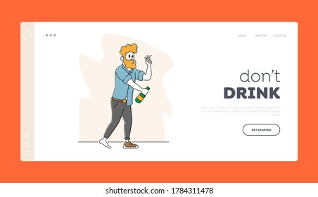 Alcoholism Landing Page Template. Drunk Sleazy Man In One Shoe And Sloppy Clothes Alcohol And Smoking Addiction. Male Character With Pernicious Habits Substance Abuse. Linear Vector Illustration