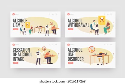 Alcoholism Landing Page Template Set. People with Alcohol Addiction, Characters Having Pernicious Habits and Substance Abuse, Drunk Men and Women Narcologist Appointment. Cartoon Vector Illustration