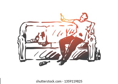 Alcoholism, man, drunk, bottle, sofa concept. Hand drawn drunk man with bottle sitting on sofa concept sketch. Isolated vector illustration.