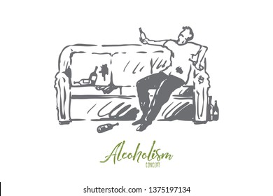 Alcoholism, man, drunk, bottle, sofa concept. Hand drawn drunk man with bottle sitting on sofa concept sketch. Isolated vector illustration.