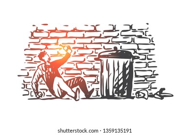 Alcoholism, man, drunk, bottle, tired concept. Hand drawn drunk man with bottle of alcohol near trash bin concept sketch. Isolated vector illustration.