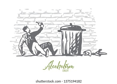 Alcoholism, man, drunk, bottle, tired concept. Hand drawn drunk man with bottle of alcohol near trash bin concept sketch. Isolated vector illustration.