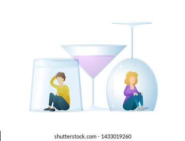 Metáfora del alcoholismo o ilustración plana vectorial. Hombre y mujer tristes sentados bajo personajes de caricaturas de lentes de vino. Abuso de bebidas alcohólicas, dependencia de licores. Problema social, mal hábito, drogadicción.