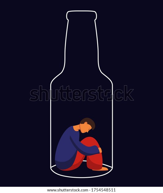アルコール依存症の比喩の平坦なベクターイラスト 悲しい男は アニメのキャラクターのボトルに座る 飲み物の乱用 酒の依存 社会問題 悪い習慣 アルコール依存症 のベクター画像素材 ロイヤリティフリー
