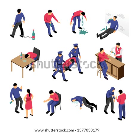 Alcoholism and narcotics isometric set with drunk and drugged men in various situations isolated vector illustration