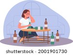 Alcoholism problem 2D vector isolated illustration. Unhealthy lifestyle. Person with substance abuse issue. Alcoholic woman flat characters on cartoon background. Bad habit colourful scene
