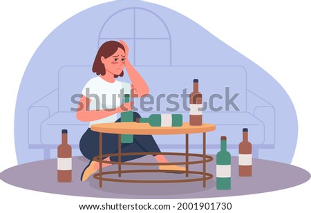 Alcoholism problem 2D vector isolated illustration. Unhealthy lifestyle. Person with substance abuse issue. Alcoholic woman flat characters on cartoon background. Bad habit colourful scene