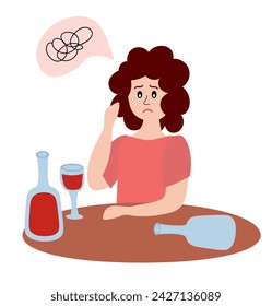 Alcoholism problem. Unhealthy lifestyle. Alcohol abuse and addiction. Alcoholic woman character. Drunk girl sit alone at table with bottles of wine and headache, hangover. Vector flat illustration.