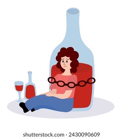 Alcoholism problem. Unhealthy lifestyle. Alcohol abuse and addiction. Alcoholic woman character. Drunk girl is chained to a bottle. Nearby is a bottle of wine and a glass. Vector flat illustration.