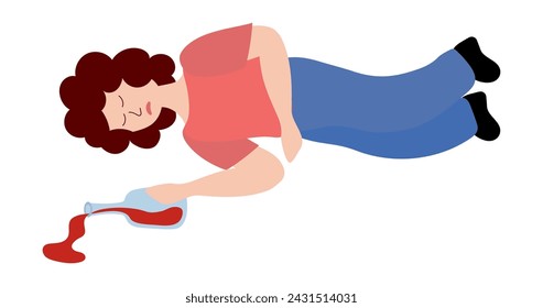 Alcoholism problem. Unhealthy lifestyle. Alcohol abuse and addiction. Alcoholic woman character. Drunk girl lying down with bottle of wine. Vector flat illustration.