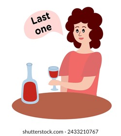 Alcoholism problem. Unhealthy lifestyle. Alcohol abuse and addiction. Alcoholic woman character. Drunk girl sit alone at table with bottle of wine. Vector flat illustration.