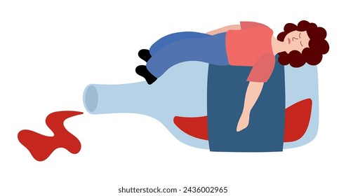 Alcoholism problem. Unhealthy lifestyle. Alcohol abuse and addiction. Alcoholic woman character. Drunk girl lying on bottle of wine. Vector flat illustration.