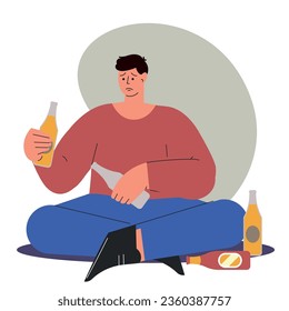 Alcoholism problem vector illustration. Man with substance abuse issue.Alcoholic man flat characters on flat background. Bad habit colourful scene. Vector illustration
