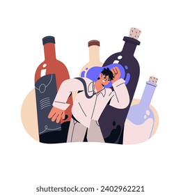 Alcoholism problems, addiction concept. Addicted drunk man suffers from hangover. Drinker is between wine bottles. Drunkard excessive abuse alcohol, spirits. Flat isolated vector illustration on white