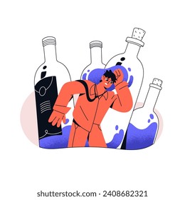 Alcoholism problems, addiction lineart concept. Addicted drunk man with hangover. Sad drunkard suffers from wine bottles. Excessive alcohol abuse. Flat isolated vector illustration on white background