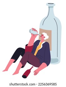 Alkoholismus Probleme, isolierte männliche Charakter Alkohol trinken. Trauriger Mann, der mit einer Glasflasche mit Geist sitzt. Psychologische Probleme, Betrunkenheit und Lebenskrise oder Trauer. Vektorgrafik im Flachstil