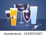 Alcoholism problems. Man and female addicts drinkers in alcohol drinks bottom life issues strong alcoholic dependence toxic hangover booze abuse depression drug vector illustration of drinker