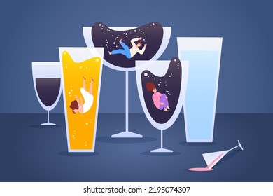 Alcoholism problems. Man and female addicts drinkers in alcohol drinks bottom life issues strong alcoholic dependence toxic hangover booze abuse depression drug vector illustration of drinker