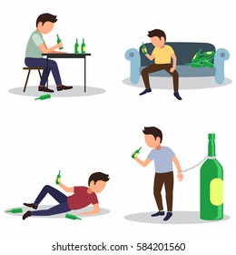 Alcoholism risks, danger from boozing icons set. Effect of alcohol abuse, alcoholic concept.  Isolated. Vector. Man with beer bottles set svg