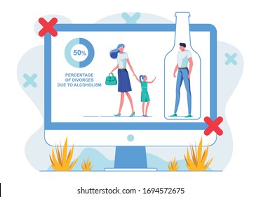 Alcoholism Ruining Families Flat Illustration. Alcohol Addiction Causing Divorce and Separation Internet Awareness Campaign. Mother and Child Leaving Drunkard Father Cartoon Characters