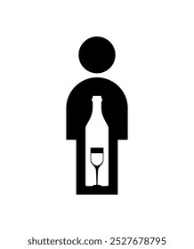 Alcoholism sign. Man and alcohol bottle icon. Concept illustration of logo Human and wine. Incurable disease  