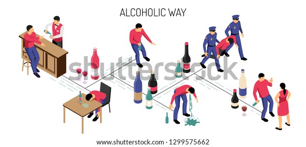 Alcoholism stages development from drinking\
alone in bar till binge on white background isometric horizontal\
vector illustration