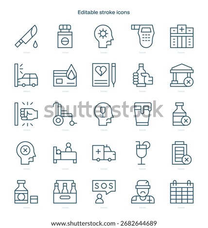 Alcoholism stroke icon. Alcoholism line icon set. editable stroke icon pack