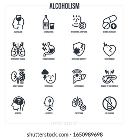 Alcoholism thin line icons set. Strong drink, withdrawal symptoms, vitamin deficiency, decreased immunity, internal organs damage, depression, dementia, emphysema. Vector illustration.