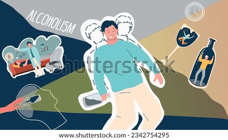 Alcoholism treatment composition with collage of flat icons with doodle characters brain and people in bottles vector illustration