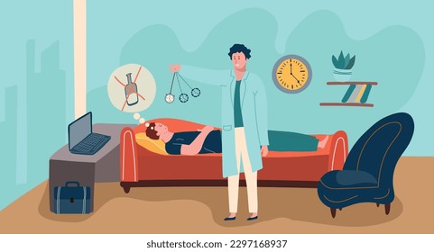 Alcoholism treatment flat composition with indoor living room scenery and medical specialist hypnotizing patient on sofa vector illustration