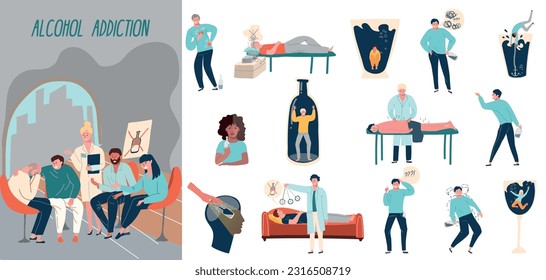 Alcoholism treatment flat composition with meeting of alcoholics anonymous society and set of isolated conceptual icons vector illustration svg