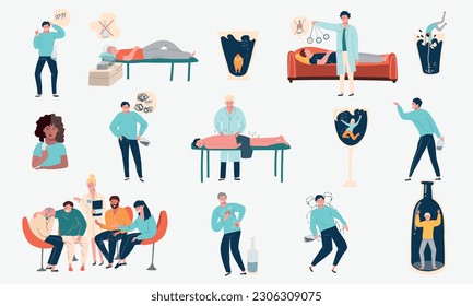 Alcoholism treatment flat set of isolated icons with people getting rid of alcohol and anonymous alcoholics vector illustration svg