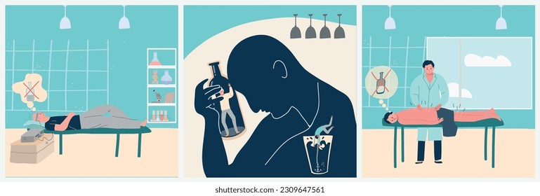 Alcoholism treatment flat set of isolated compositions with doodle human characters escaping alcohol with medical specialist vector illustration svg