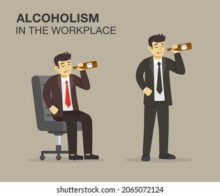 Alcoholism in the workplace. Isolated sad manager or worker drinking alcohol at work. Drunk male character standing and sitting on armchair and holding bottle. Flat vector illustration template.