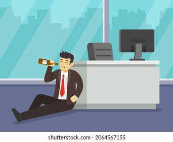 Alcoholism in the workplace. Sad business manager or worker drinking alcohol at work. Drunk male character sitting on the floor and holding bottle. Flat vector illustration template.