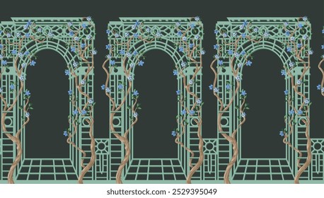 Alcove and trees with flowers in chinoiserie style. Vector