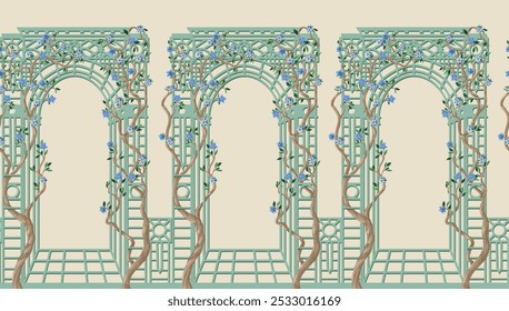 Alcove and trees with flowers in chinoiserie style. Vector