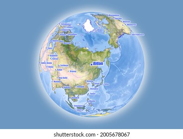 Aldan-Russia is shown on vector globe map. The map shows Aldan-Russia 's location in the world.