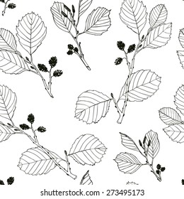 Alder branches - vector linear seamless pattern