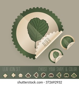 alder tree leaf icon set in stamp shape, with colors and shapes to choose