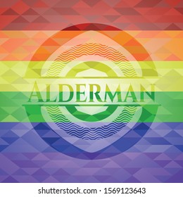 Alderman emblem on mosaic background with the colors of the LGBT flag