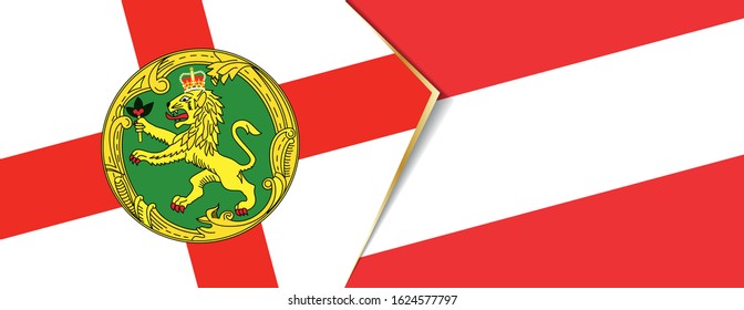 Alderney and Austria flags, two vector flags symbol of relationship or confrontation.