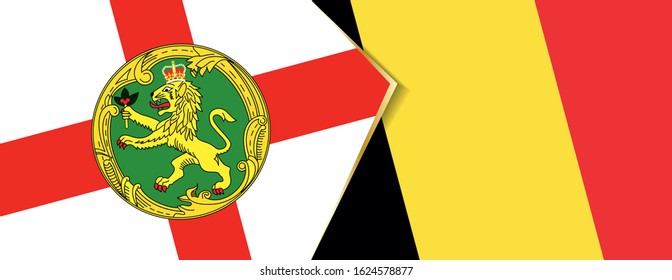 Alderney and Belgium flags, two vector flags symbol of relationship or confrontation.