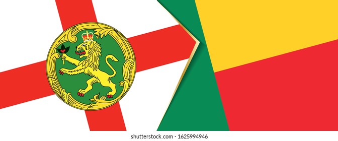 Alderney and Benin flags, two vector flags symbol of relationship or confrontation.